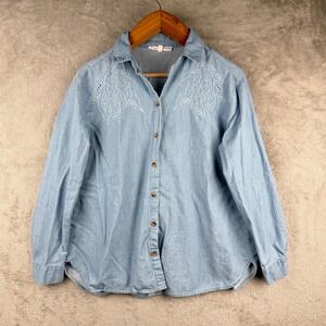 Jane + Delancey‎ Chambray Embroidered Shirt Blouse Womens M Boho Artsy Casual